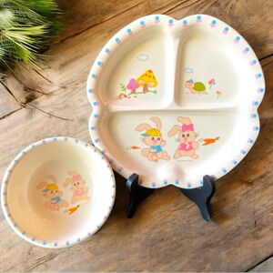 VINTAGE 1986 Peco Melamine Dinnerware Plate & Bowl - Bunny Rabbits